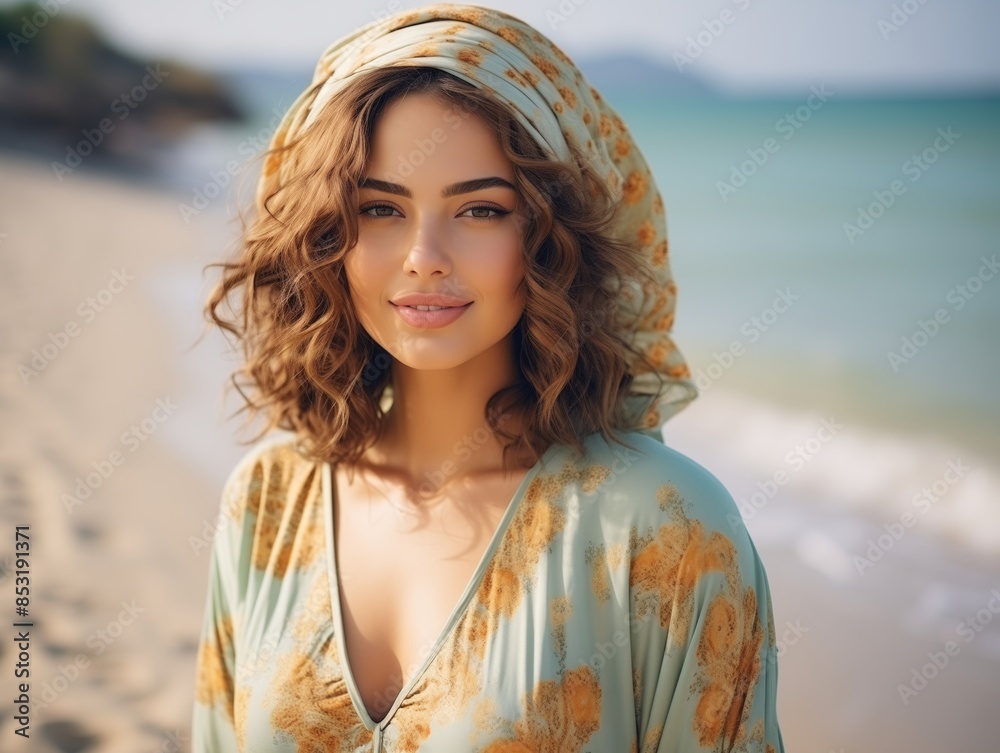Woman With Headscarf Smiling at Beach Woman With Headscarf Smiling at Beach