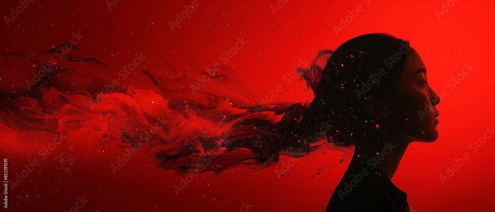 Silhouette womans head with flowing hair red particles on red background, abstract art design flow Silhouette womans head with flowing hair red particles on red background, abstract art design flow