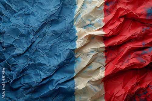 Close-Up of a Creased French Flag With Blue, White, and Red Stripes