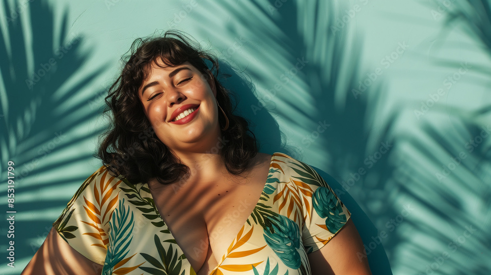 Happy overweight sexy woman embraces Self-Acceptance isolated on white background with shadows of palm leaves. Happy overweight sexy woman embraces Self-Acceptance isolated on white background with shadows of palm leaves.