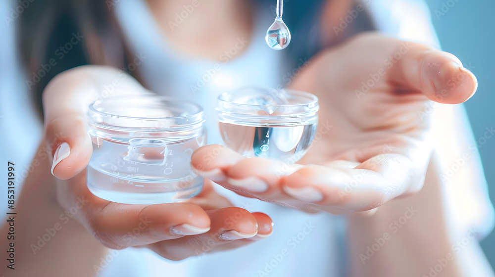 Closeup female hands are holding container for optical soft lens. Young woman is pouring contact lens solution liquid for disinfecting and clearing. Ophthalmic diseases and treatment concept. Closeup female hands are holding container for optical soft lens. Young woman is pouring contact lens solution liquid for disinfecting and clearing. Ophthalmic diseases and treatment concept.