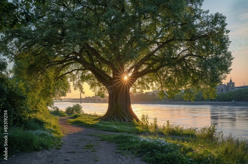 Large Tree Silhouetted Against Golden Sunset Over River and City