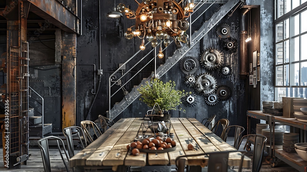 dining area with a reclaimed wood table, metal chairs, and an industrial-style chandelier made from old machine parts dining area with a reclaimed wood table, metal chairs, and an industrial-style chandelier made from old machine parts