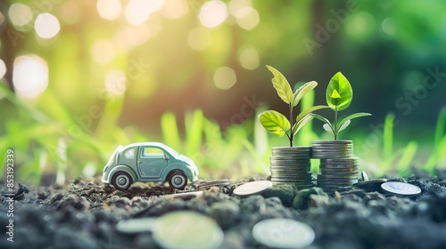 A toy car driving towards a stack of coins with a growing plant on top. The coins are on the ground in a green, natural setting. photo