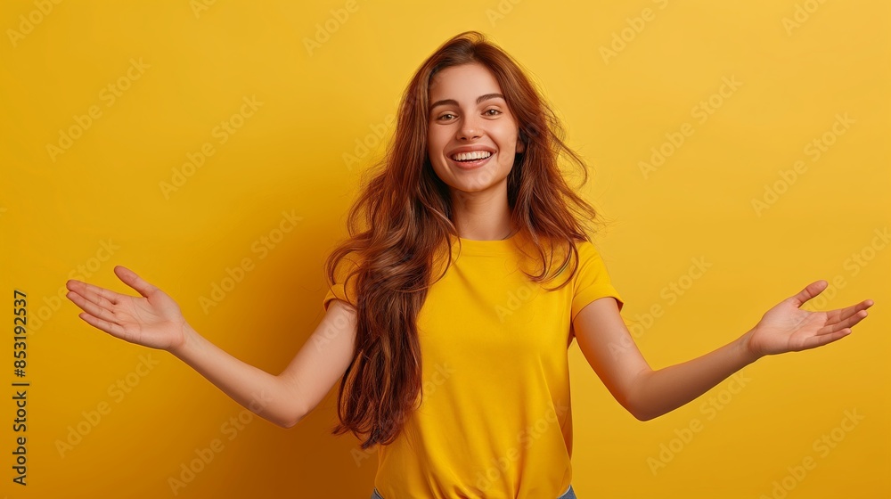 Portrait of cheerful pretty girl with beaming smile holding two copyspace empty places
Portrait of cheerful pretty girl with beaming smile holding two copyspace empty places