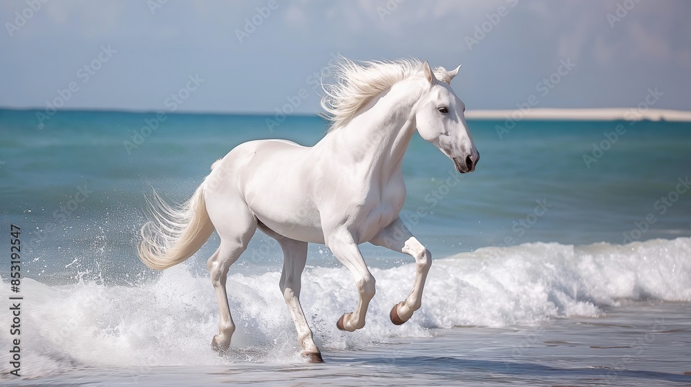 white horse gallops along the shore on sandy beach. Background with copy space. Freedom and the wild spirit of nature, horse running on beach white horse gallops along the shore on sandy beach. Background with copy space. Freedom and the wild spirit of nature, horse running on beach