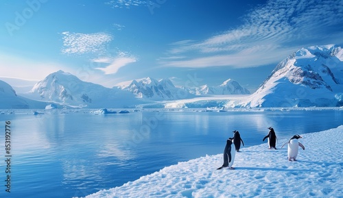 Penguins walking on the snow in front of an ice island with mountains and water 