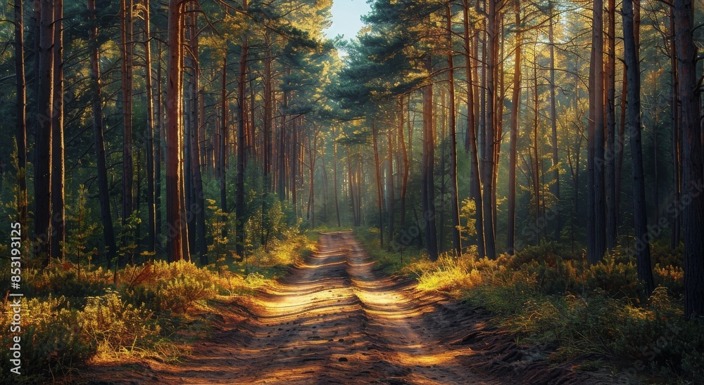 Fototapeta premium Sunlight Filtering Through Tall Trees in a Forest Path