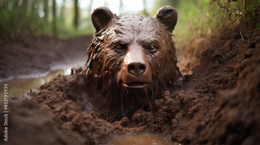 Fototapeta premium Running brown bear in mud wild nature background.