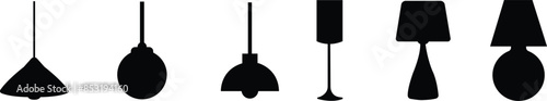 Set of lamps Related black Vector flat Icons. Includes such icons as bulb, Stylish modern room lights floor lamp, lantern, light, chandelier collection isolated on transparent background.