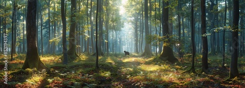 Sunbeams Illuminating a Foggy Forest Path