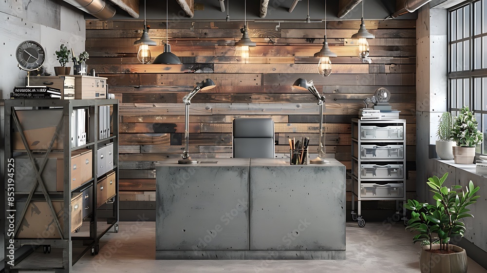 home office with a concrete desk, a metal filing cabinet, and a wall of reclaimed wood with industrial-style task lighting home office with a concrete desk, a metal filing cabinet, and a wall of reclaimed wood with industrial-style task lighting