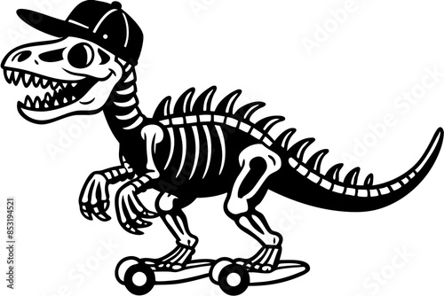 smiling dinosaur skeleton in a cap rides a skateboard
