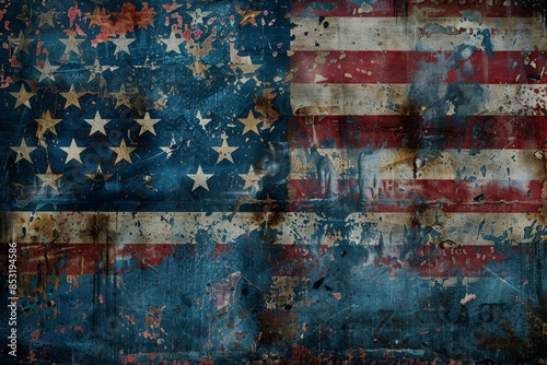 American Flag Draped on Distressed Blue Wood Background