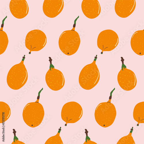 Tropical fruits endless background. Granadilla fruit seamless pattern. Yellow passion fruit repeat cover. Exotic passiflora ligularis loop ornament. Vector hand drawn illustration. photo