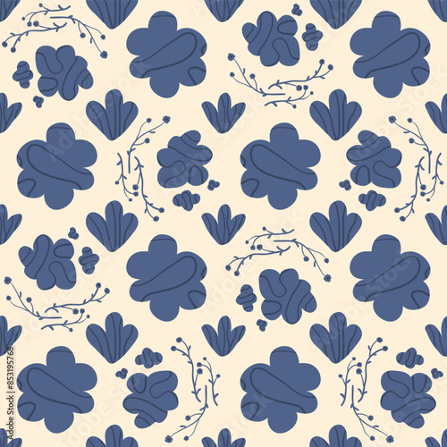 Flowers seamless pattern. Floral retro endless background. Flower ornament tile. Dark blue botanic repeat cover. Vector hand drawn illustration.