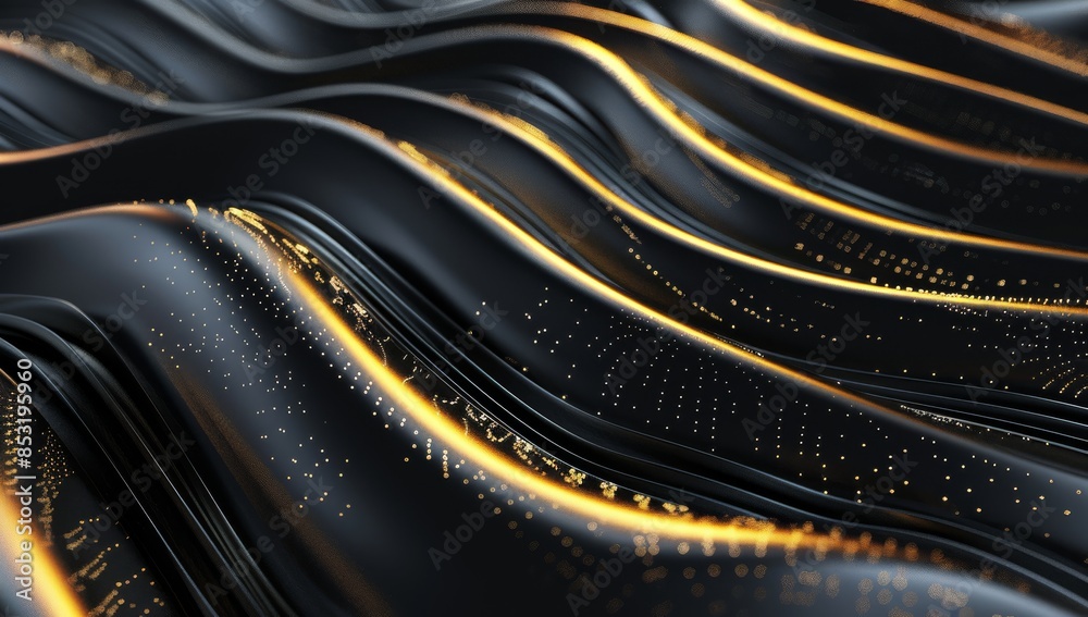 Naklejka premium Black and gold abstract background with golden waves 