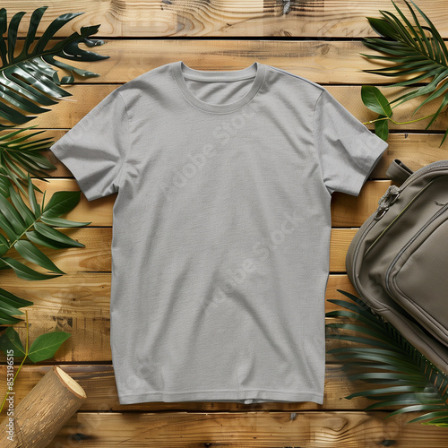 Grey t-shirt lying on wooden background with backpack and tropical plants, Bella Canvas 3001 T-shirt Mockup