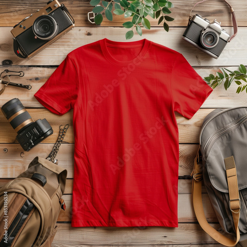 Red t-shirt lying on wooden background surrounded by travel accessories for trip into the wild, Bella Canvas 3001 T-shirt Mockup
