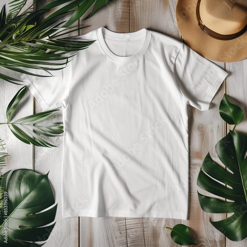 White t-shirt lying on wooden background with palm and monstera leaves and a summer hat, top view, Bella Canvas 3001 T-shirt Mockup