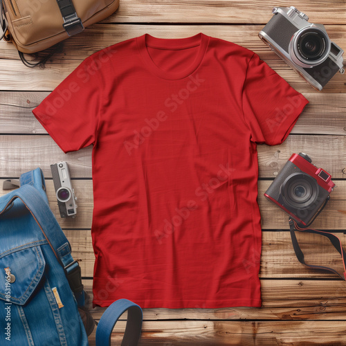 Red t-shirt lying on wooden background surrounded by travel accessories, Bella Canvas 3001 T-shirt Mockup