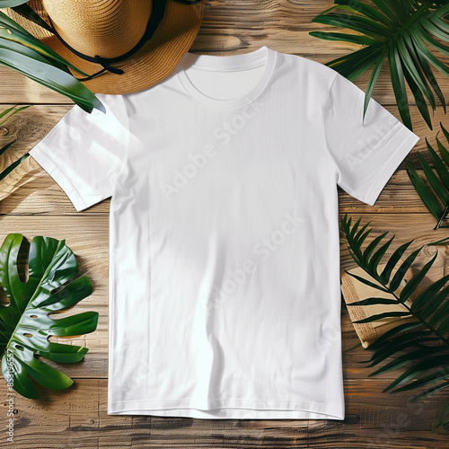White t-shirt lying on wooden background with tropical plants and hat for branding and mock up, Bella Canvas 3001 T-shirt Mockup