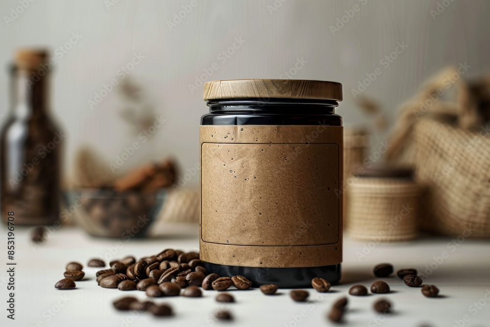 A mock-up of an amber glass jar for storing coffee on a brown background.