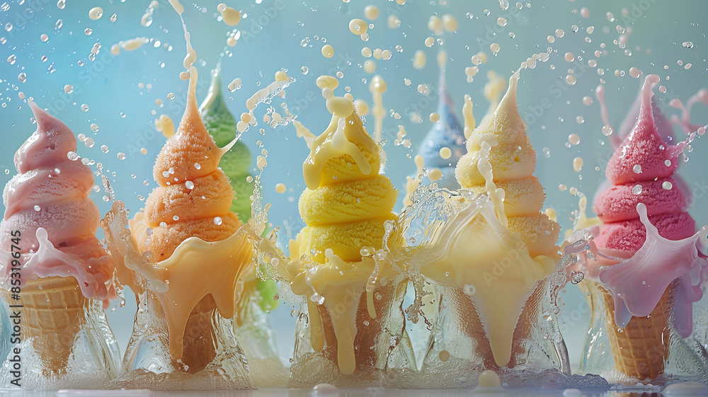 Colorful ice cream cones with different flavors and splashes of melting ice on a blue background, top view