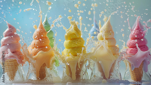Obraz na płótnie Colorful ice cream cones with different flavors and splashes of melting ice on a blue background, top view w salonie