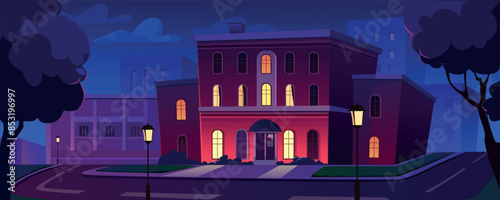 City houses at night background banner for game design. Residential building facade with lights at windows and entrance door, spotlight lanterns at street with trees. Vector cartoon illustration