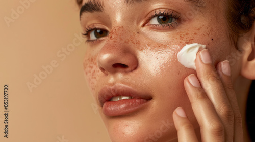 Close-up of female face with freckled skin. High-detailed shot of woman skin applying moisturizer.