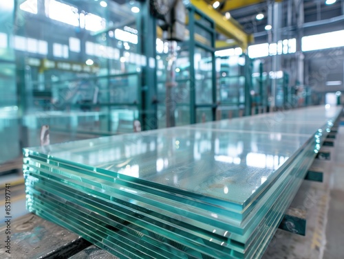 Close-up of glass sheets in an industrial factory, highlighting their smooth and reflective surfaces. Ideal for use in promotional materials for the glass manufacturing industry.