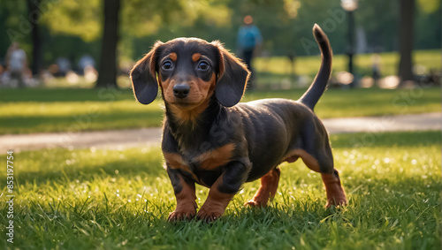 Cute dog in the park in summer meadow