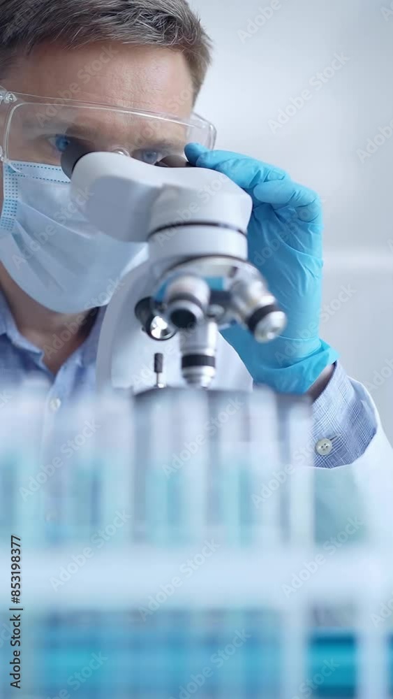 Man scientist with protective glasses, mask and gloves is using microscope in laboratory, vertical portrait of researcher. Microbiology science concept Man scientist with protective glasses, mask and gloves is using microscope in laboratory, vertical portrait of researcher. Microbiology science concept
