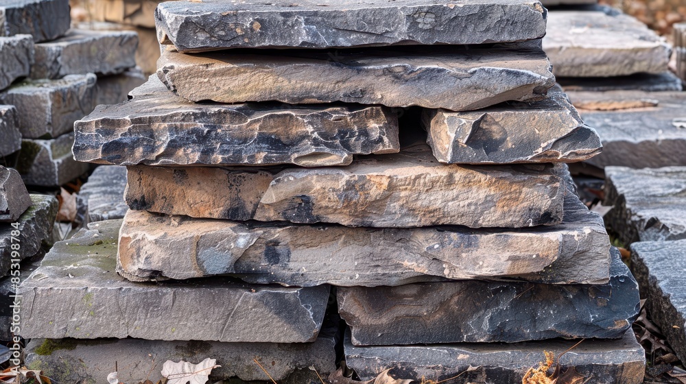 Close-up view of stacked stone slabs with rough textures, ideal for construction and landscaping projects. Suitable for use as a backdrop for building material advertisements. Close-up view of stacked stone slabs with rough textures, ideal for construction and landscaping projects. Suitable for use as a backdrop for building material advertisements.