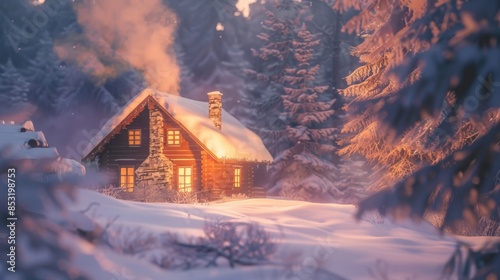 Cozy cabin in a snowy forest with warm light glowing from windows, surrounded by tall trees and soft snow, perfect winter scene at dusk.