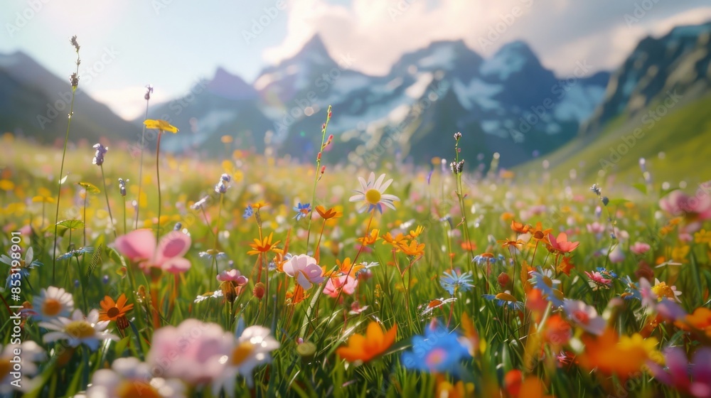 Fototapeta premium Colorful flowers bloom in a mountain meadow on a sunny day. The vibrant scenery includes clear skies, lush greenery, and majestic hills in the background.