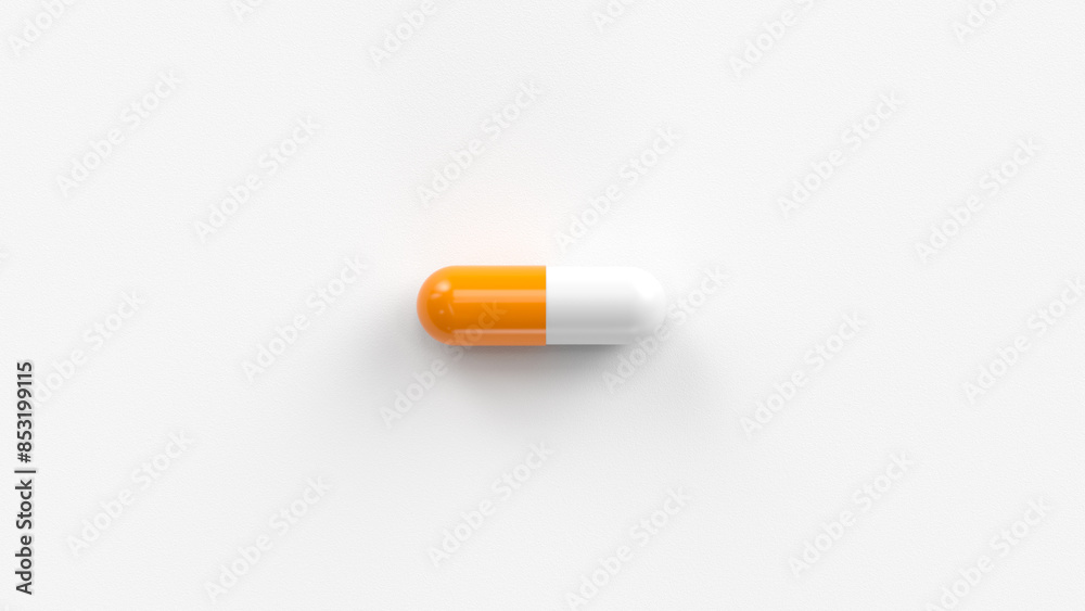 White orange single pill isolated on a white background. Tablet, pill capsule top view, flat lay. 3d render illustration White orange single pill isolated on a white background. Tablet, pill capsule top view, flat lay. 3d render illustration