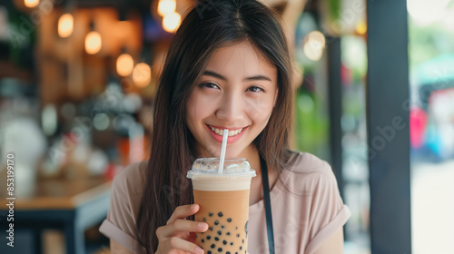 beautiful Asian woman with long hair is smiling and holding an ice boba tea in her hand at the coffee shop, with a blurred background. She has dark brown straight hair, wearing casual