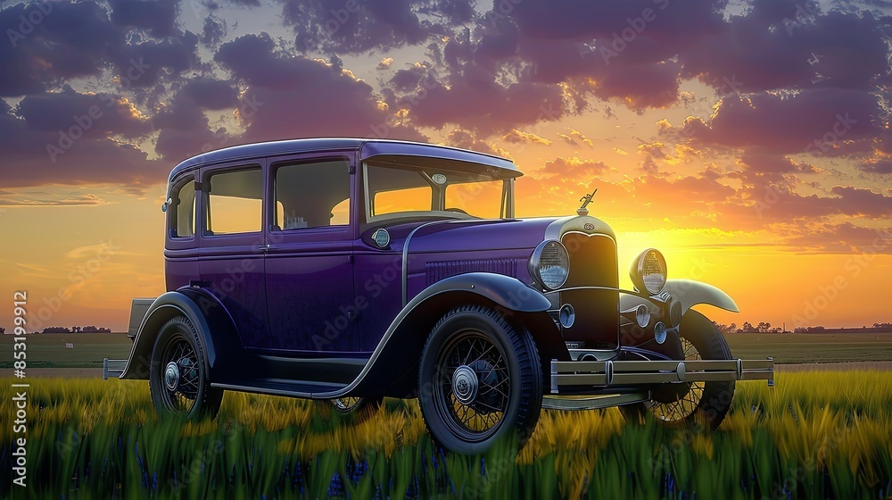 Fototapeta premium A classic purple car parked on the side of an open field at sunset. The scene captures the vintage beauty of old cars against a natural backdrop.