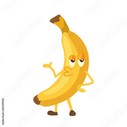 Cute funky cool yellow banana humanized fruit cartoon character isolated on white background