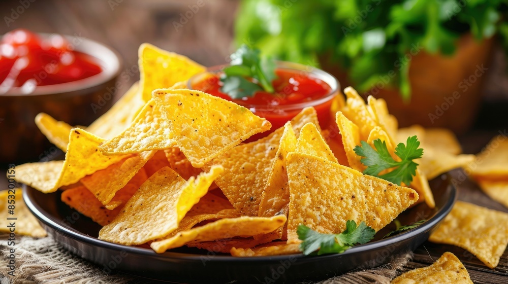 Close-up of a plate of tortilla chips with red salsa. The nachos are laid out in a row on the side and top of the plate. At one end of the stack is a small bowl filled with delicious tomato sauce. Close-up of a plate of tortilla chips with red salsa. The nachos are laid out in a row on the side and top of the plate. At one end of the stack is a small bowl filled with delicious tomato sauce.