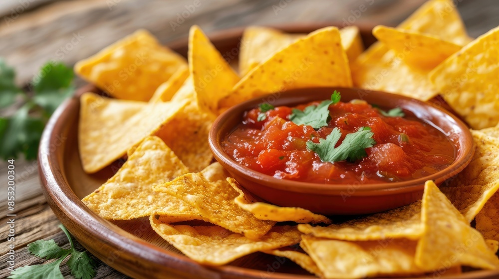 Close-up of a plate of tortilla chips with red salsa. The nachos are laid out in a row on the side and top of the plate. At one end of the stack is a small bowl filled with delicious tomato sauce. Close-up of a plate of tortilla chips with red salsa. The nachos are laid out in a row on the side and top of the plate. At one end of the stack is a small bowl filled with delicious tomato sauce.