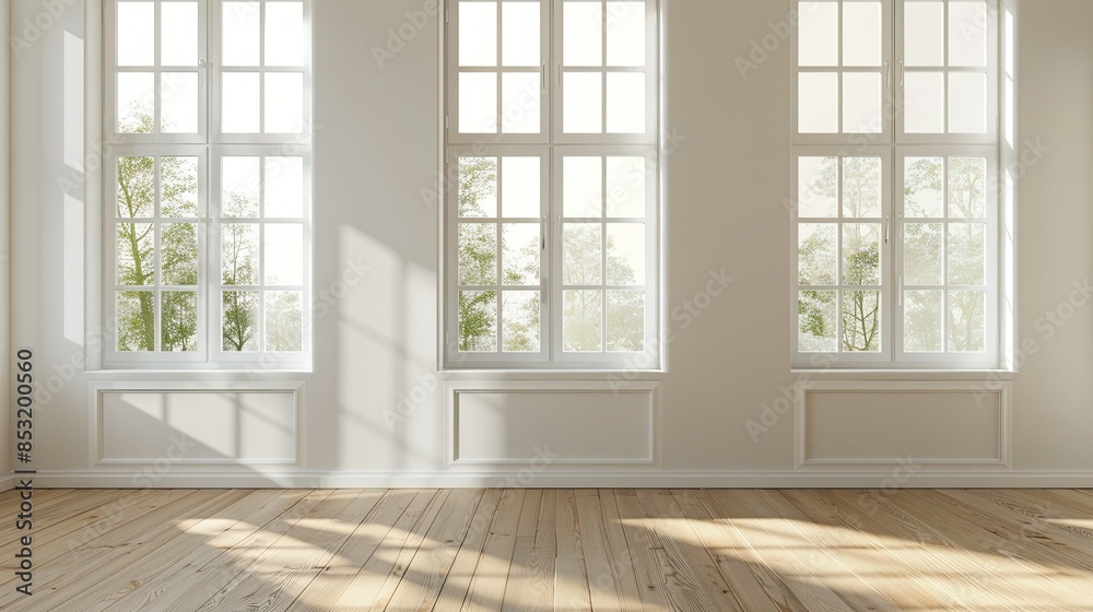 Three windows on a white wall in an empty room with soft shadow and sunlight. White interior design. minimal concept, studio shot. Three windows on a white wall in an empty room with soft shadow and sunlight. White interior design. minimal concept, studio shot.