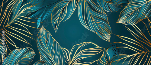 Abstract luxurious elegant floral organic texture wallpaper illustration, golden blue art leaves on blue background