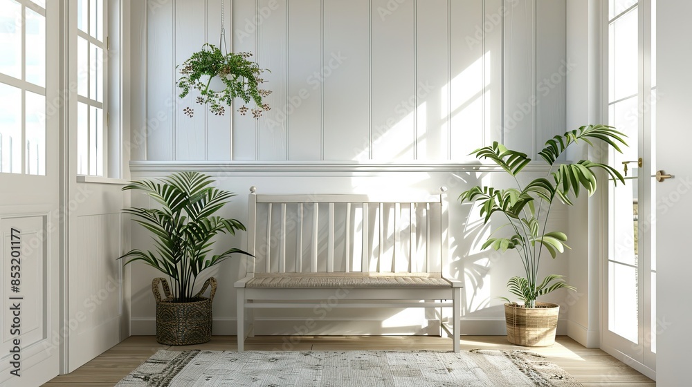 Elegant farmhouse entryway with white paneling, wooden bench and potted plant. Minimalist interior design of a modern home hallway. Elegant farmhouse entryway with white paneling, wooden bench and potted plant. Minimalist interior design of a modern home hallway.
