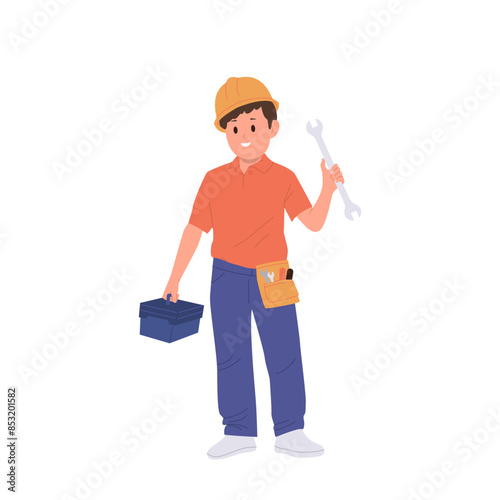 Happy smiling construction worker boy kid cartoon character standing with tools box in hand