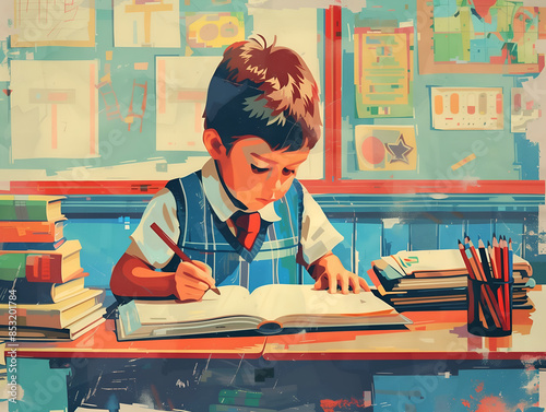 Young Boy Studying at Desk with Books in Vibrant Classroom