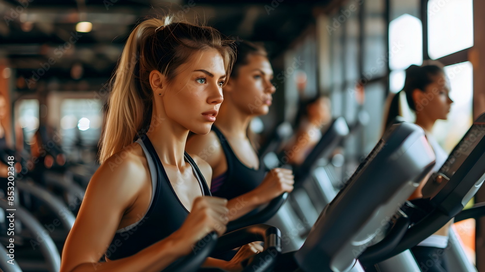 Fototapeta premium Focused Women Exercising Gym Cardio Workout Elliptical Machine Fitness Health