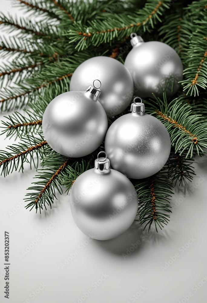 Silver christmas ornaments resting on evergreen branches Silver christmas ornaments resting on evergreen branches